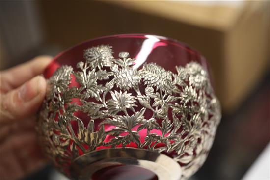 A set of six late 19th/early 20th century Chinese Export silver finger bowls by Wang Hing & Co, Hong Kong, with ruby glass liners,